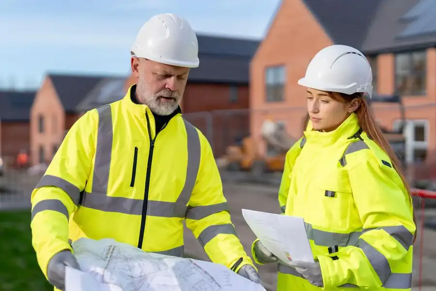 Construction professionals reviewing project plans