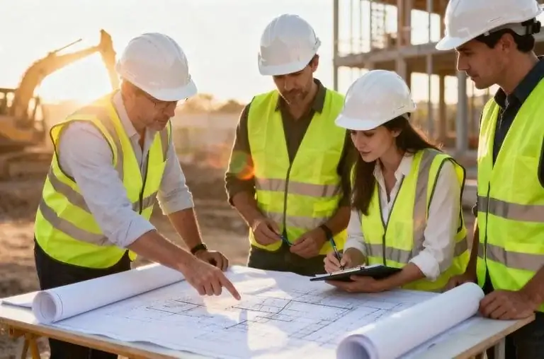 Construction team reviewing project plans