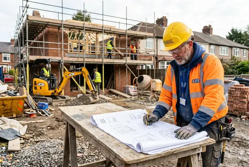 Construction professional reviewing plans on an active building site